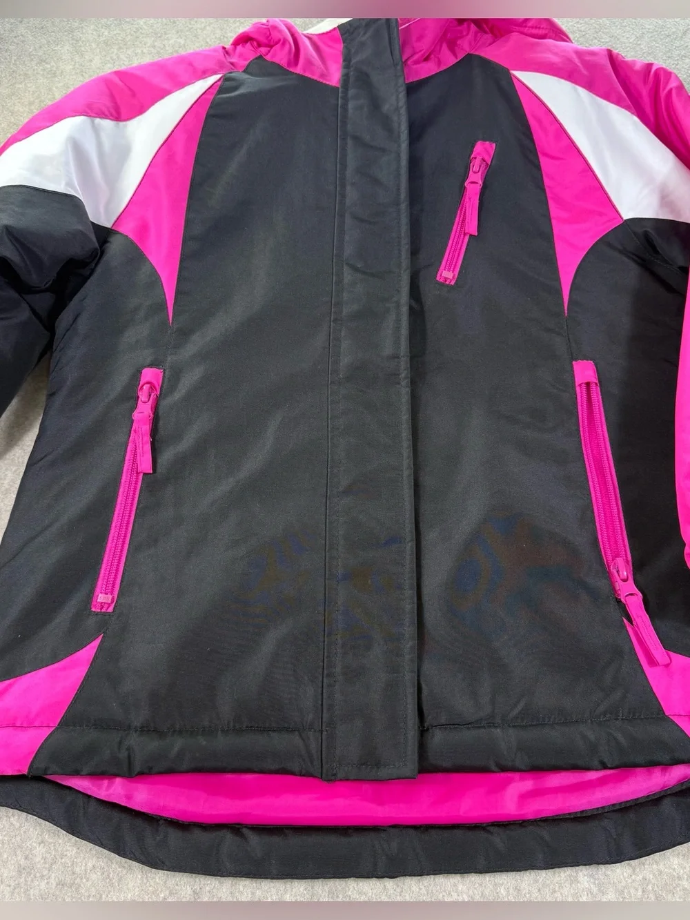 Children’s Place Girls Water Resistant Hooded Jacket Black & Hot Pink Sz M (7/8)
